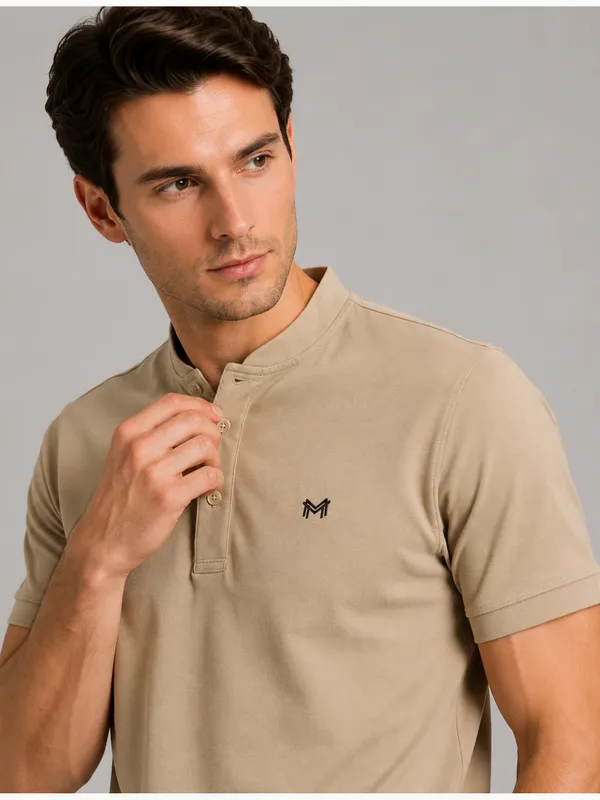 Beige_Classic_Henley_Collar_T-Shirt_For_Men