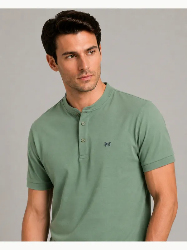 Army_Green_Classic_Henley_Collar_T-Shirt_For_Men