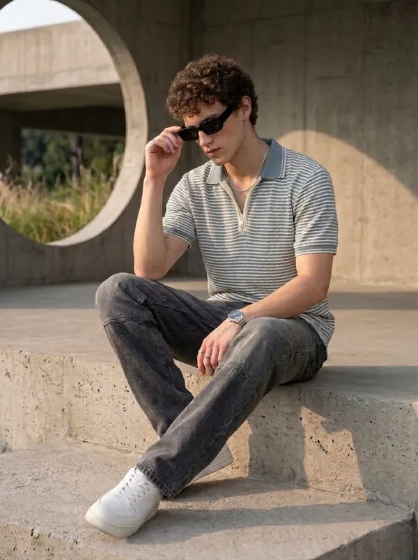 Steel_Grey_&_White_Coastline_Striped_Knit_Polo_With_Zip_T-Shirt_For_Men