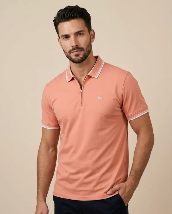 Peach_Cotton_Tipped_Polo_Shirt_With_Zip_T-Shirt_For_Men