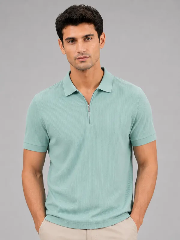 Sea_Green_Pillar_Jacquard_Zipper_Polo_T-Shirt