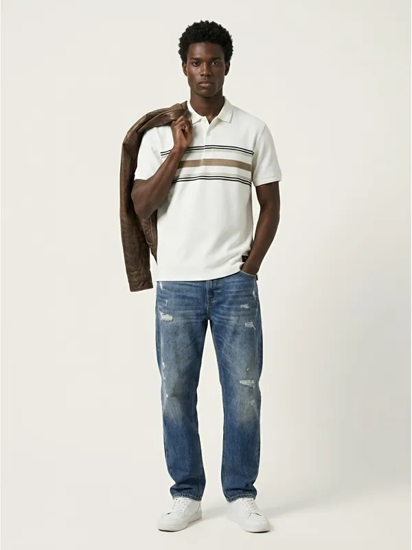 White_&_Coconut_Striped_Popcorn_Knit_Polo_T-Shirt_For_Men