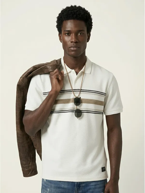 White_&_Coconut_Striped_Popcorn_Knit_Polo_T-Shirt_For_Men