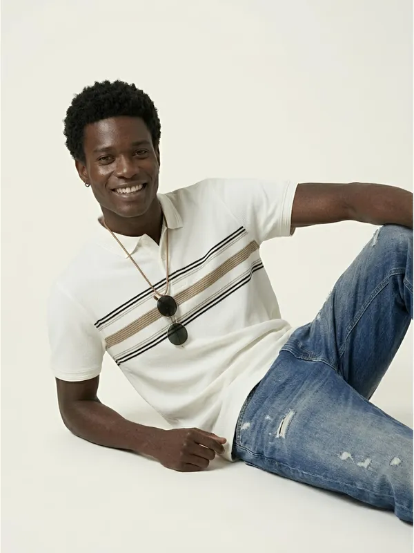 White_&_Coconut_Striped_Popcorn_Knit_Polo_T-Shirt_For_Men