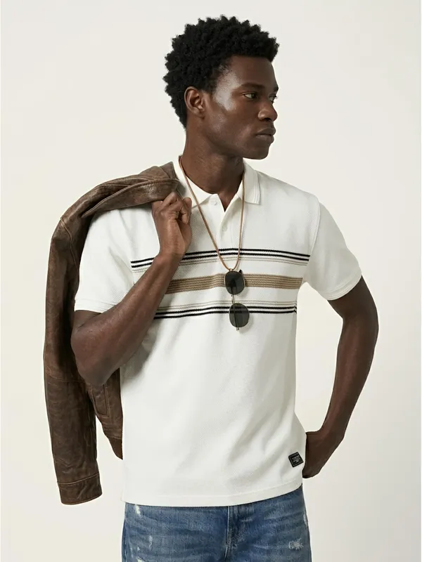 White_&_Coconut_Striped_Popcorn_Knit_Polo_T-Shirt_For_Men