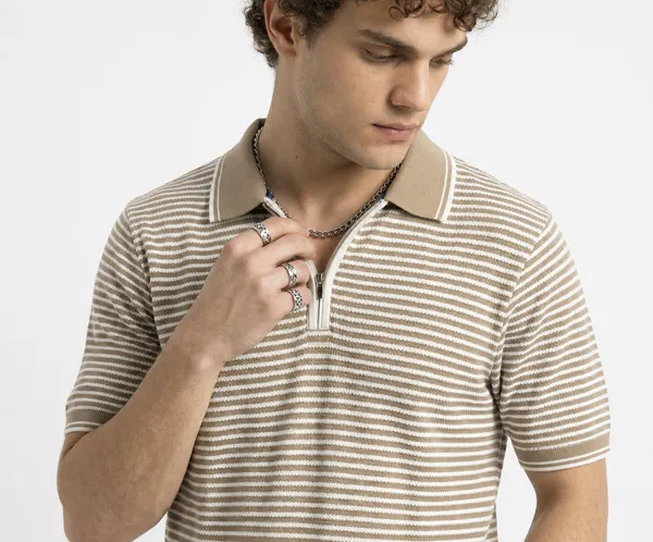 Beige_&_White_Coastline_Striped_Knit_Polo_With_Zip_T-Shirt_For_Men
