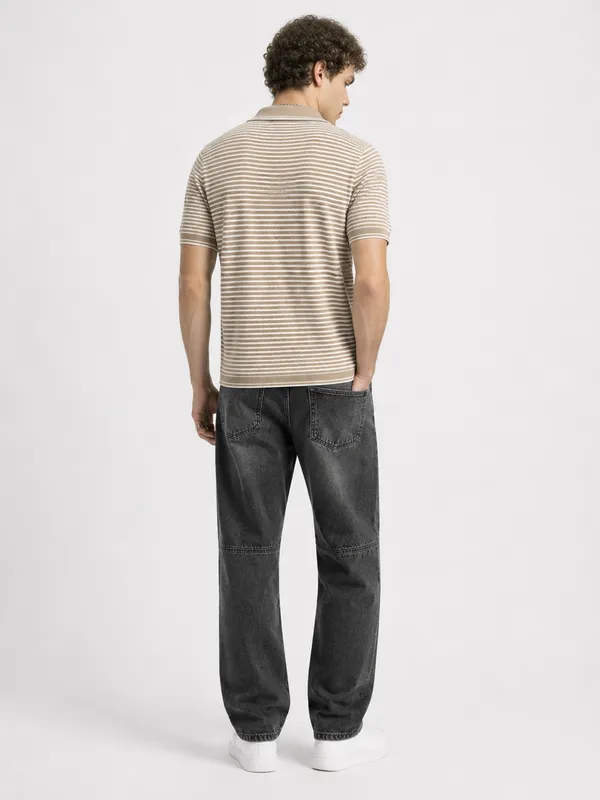 Beige_&_White_Coastline_Striped_Knit_Polo_With_Zip_T-Shirt_For_Men