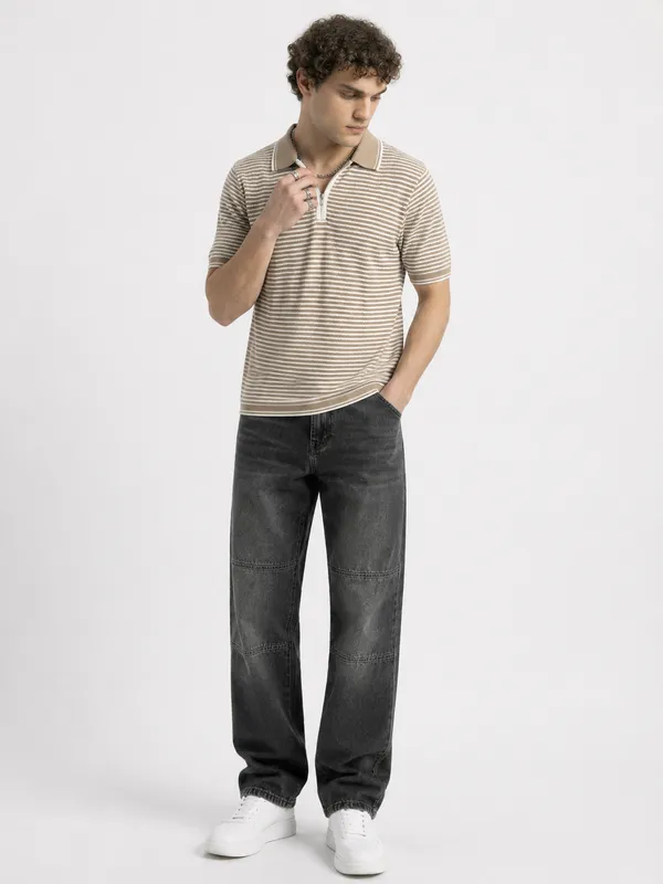 Beige_&_White_Coastline_Striped_Knit_Polo_With_Zip_T-Shirt_For_Men