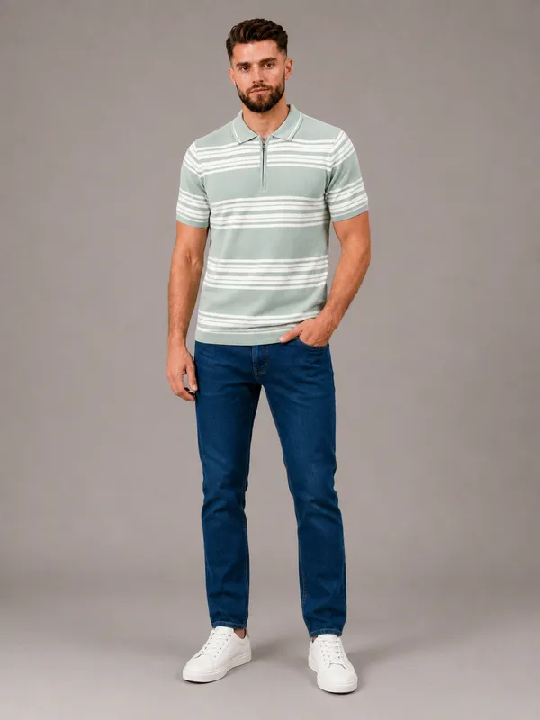 Mint_Green_Towel_Knit_Striped_Polo_With_Zip_T-Shirt_For_Men