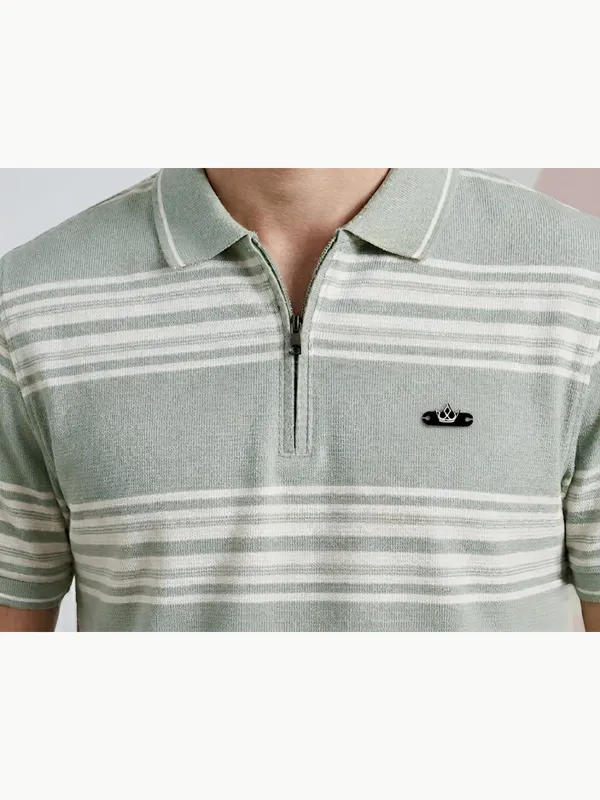 Mint_Green_Towel_Knit_Striped_Polo_With_Zip_T-Shirt_For_Men