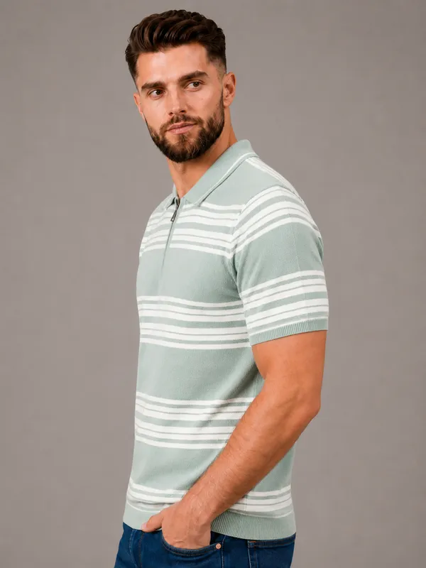 Mint_Green_Towel_Knit_Striped_Polo_With_Zip_T-Shirt_For_Men