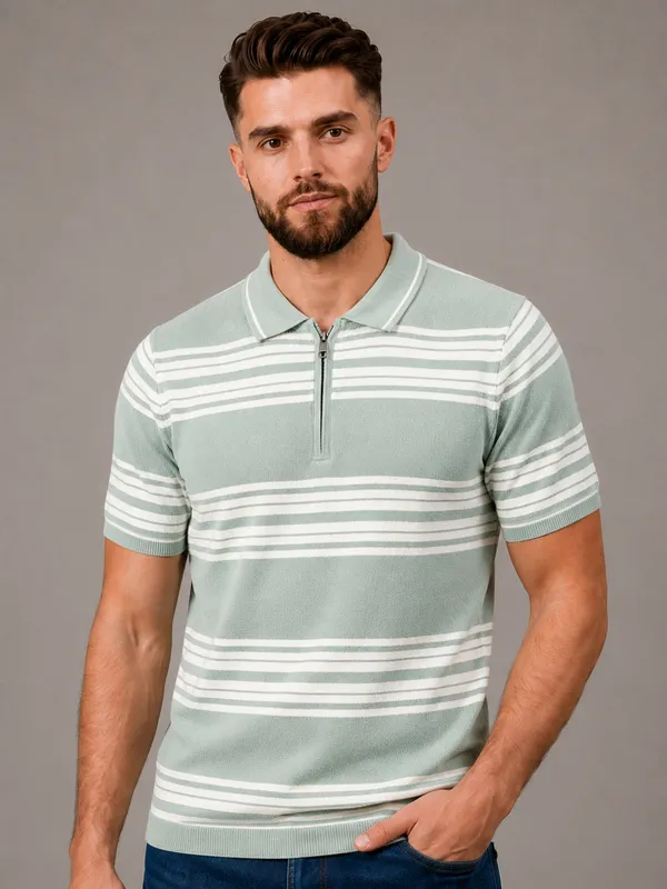 Mint_Green_Towel_Knit_Striped_Polo_With_Zip_T-Shirt_For_Men