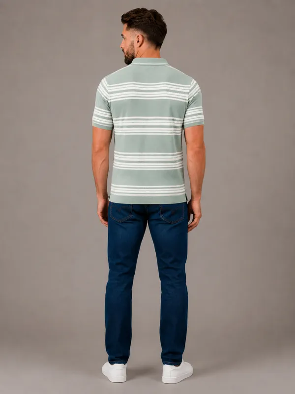 Mint_Green_Towel_Knit_Striped_Polo_With_Zip_T-Shirt_For_Men