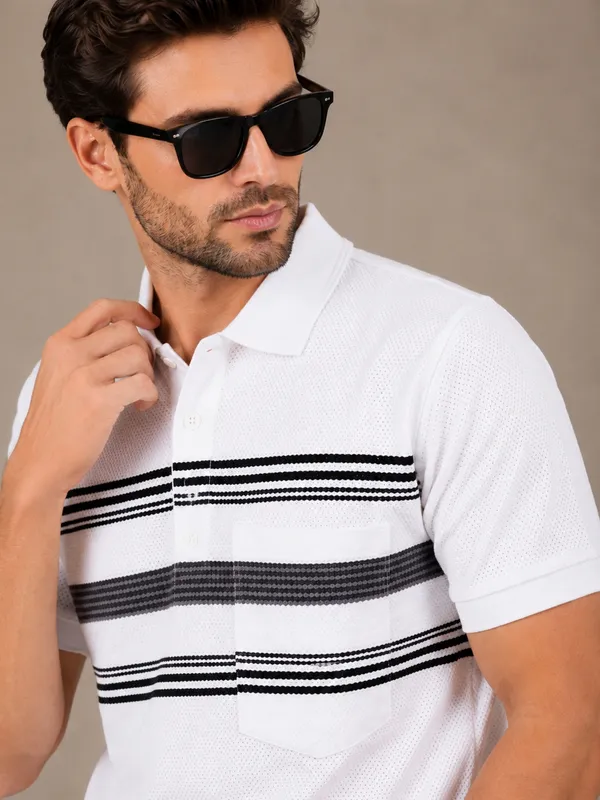 White_&_Charcoal_Striped_Popcorn_Knit_Polo_T-Shirt_For_Men
