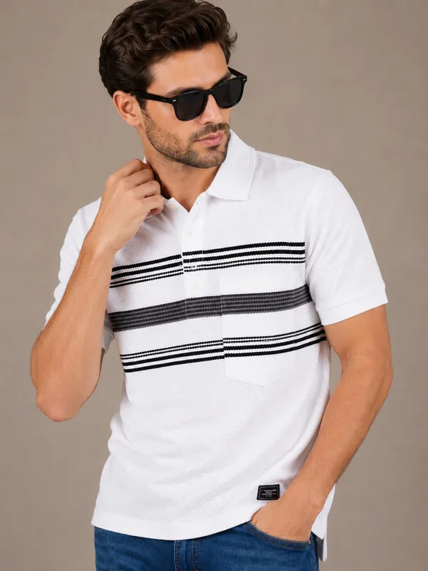 White_&_Charcoal_Striped_Popcorn_Knit_Polo_T-Shirt_For_Men