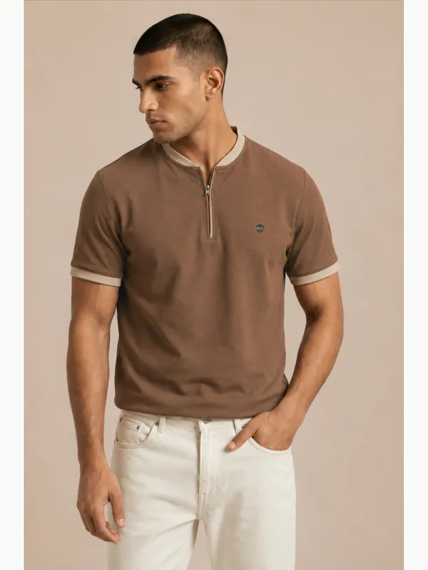 Ash_Brown_Contrast_Panel_Henley_With_Zip_T-Shirt_For_Men