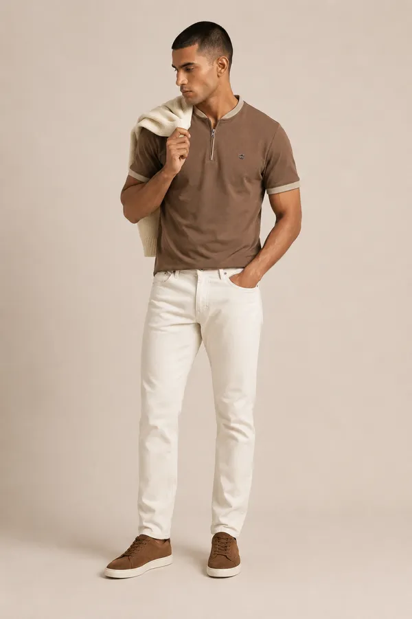 Ash_Brown_Contrast_Panel_Henley_With_Zip_T-Shirt_For_Men