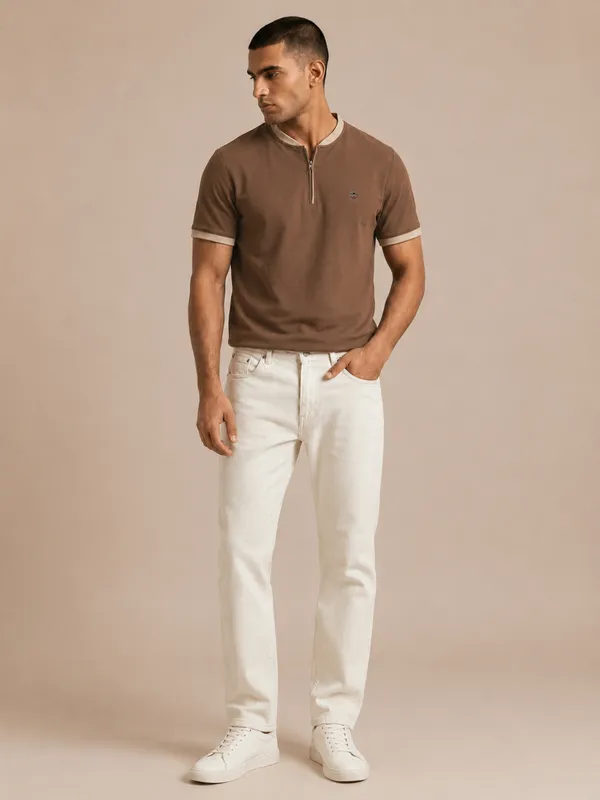 Ash_Brown_Contrast_Panel_Henley_With_Zip_T-Shirt_For_Men