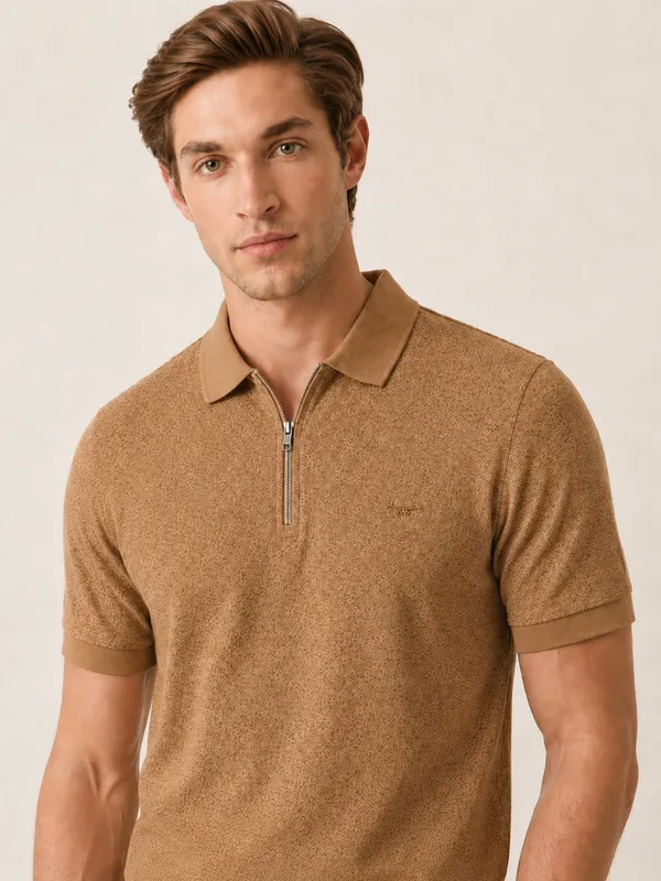 Tan_Cheetah_Knit_Polo_With_Zip_T-Shirt_For_Men