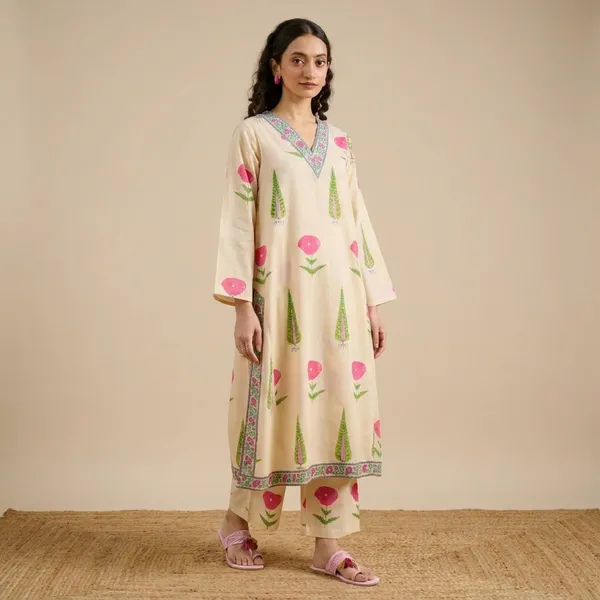 Cream_Cotton_Kurta_Set_With_Palazzo_And_Dupatta_For_Women