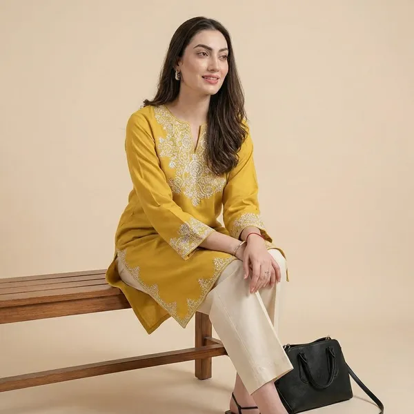 Mustard_Yellow_And_Off_White_Cotton_Kurti_With_Palazzo_Set_For_Women