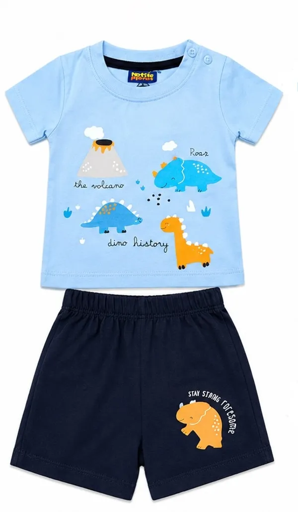 Baby_Boys_Dinosaur_Print_Cotton_T-Shirt_&_Shorts_Clothing_Set_|_Soft_Cotton_Wear_|_Sky_Blue_&_Navy_Blue