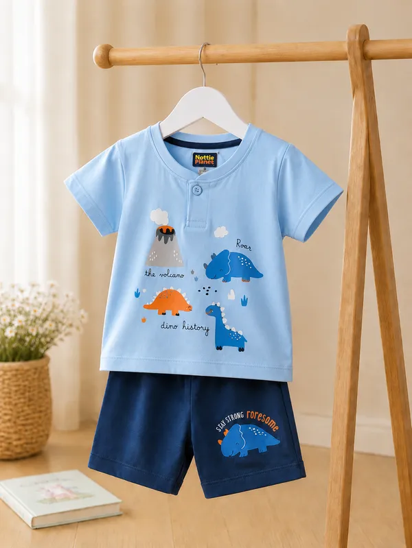 Baby_Boys_Dinosaur_Print_Cotton_T-Shirt_&_Shorts_Clothing_Set_|_Soft_Cotton_Wear_|_Sky_Blue_&_Navy_Blue