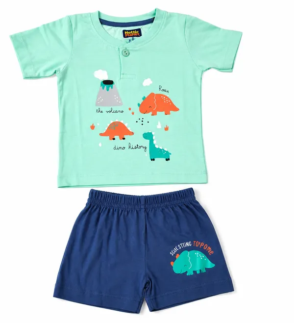 Baby_Boys_Dinosaur_Print_Cotton_T-Shirt_&_Shorts_Clothing_Set_|_Soft_Cotton_Wear_|_Green_&_Navy_Blue