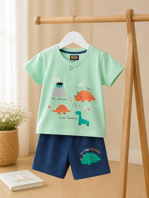 Baby_Boys_Dinosaur_Print_Cotton_T-Shirt_&_Shorts_Clothing_Set_|_Soft_Cotton_Wear_|_Green_&_Navy_Blue