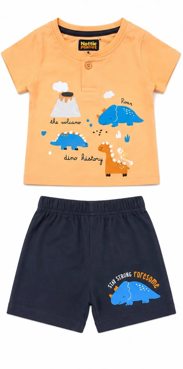Baby_Boys_Dinosaur_Print_Cotton_T-Shirt_&_Shorts_Clothing_Set_|_Soft_Cotton_Wear_|_Orange_&_Navy_Blue