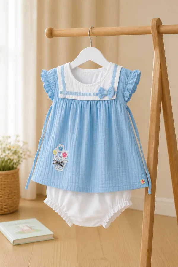 Blue_Muslin_Cotton_Baby_Frock_for_Girls_-Round_Neck_ruffle_Sleeve_Dress_with_bow