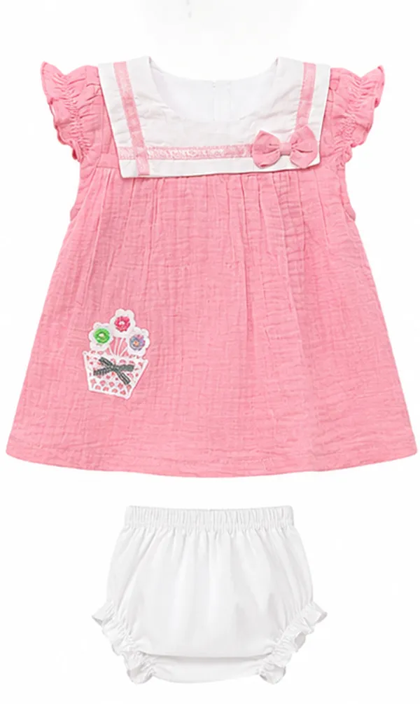 Pink_Muslin_Cotton_Baby_Frock_for_Girls_-Round_Neck_ruffle_Sleeve_Dress_with_bow