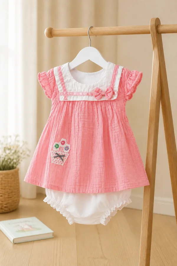 Pink_Muslin_Cotton_Baby_Frock_for_Girls_-Round_Neck_ruffle_Sleeve_Dress_with_bow