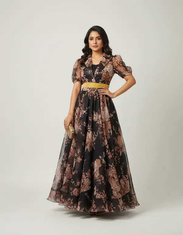 Black_Organza_Puff_Sleeve_Maxi_Dress_For_Women