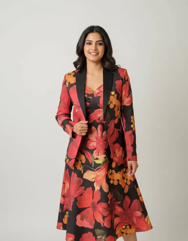 Black_&_Coral_Modal_Satin_Jacket_&_Dress_Set_For_Women