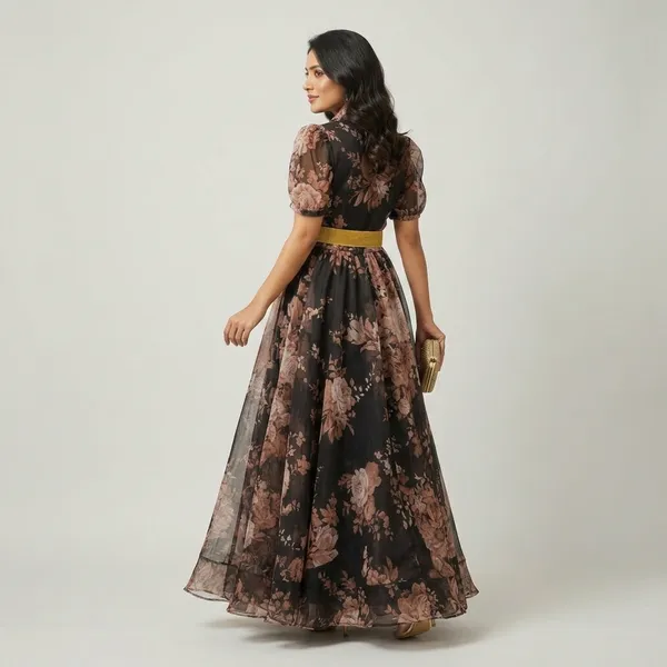Black_Organza_Puff_Sleeve_Maxi_Dress_For_Women