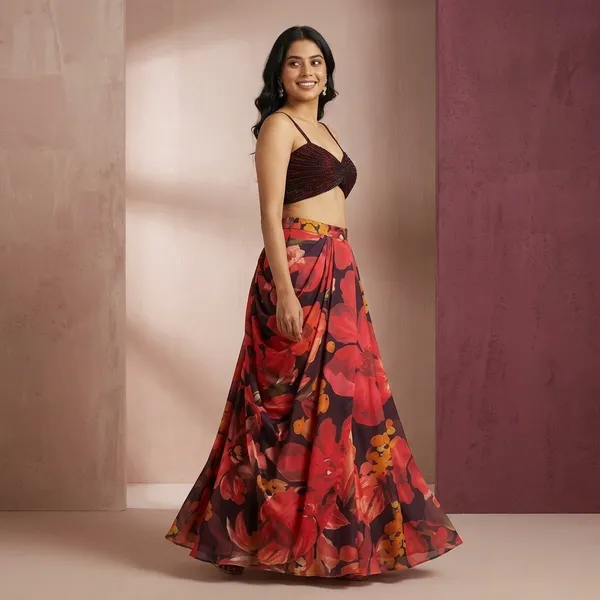 Maroon_Modal_Satin_Flared_Skirt_For_Women
