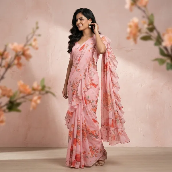 Pink_Georgette_Ruffle_Saree_For_Women