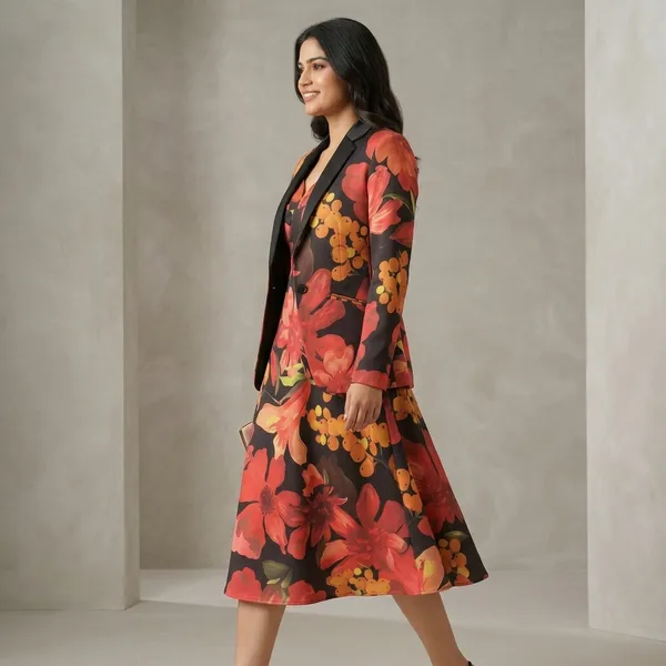 Black_&_Coral_Modal_Satin_Jacket_&_Dress_Set_For_Women