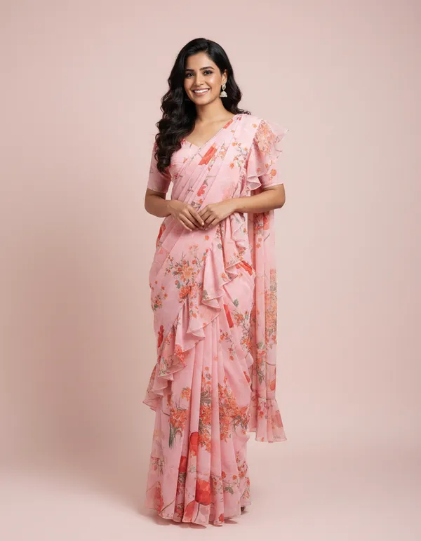 Pink_Georgette_Ruffle_Saree_For_Women
