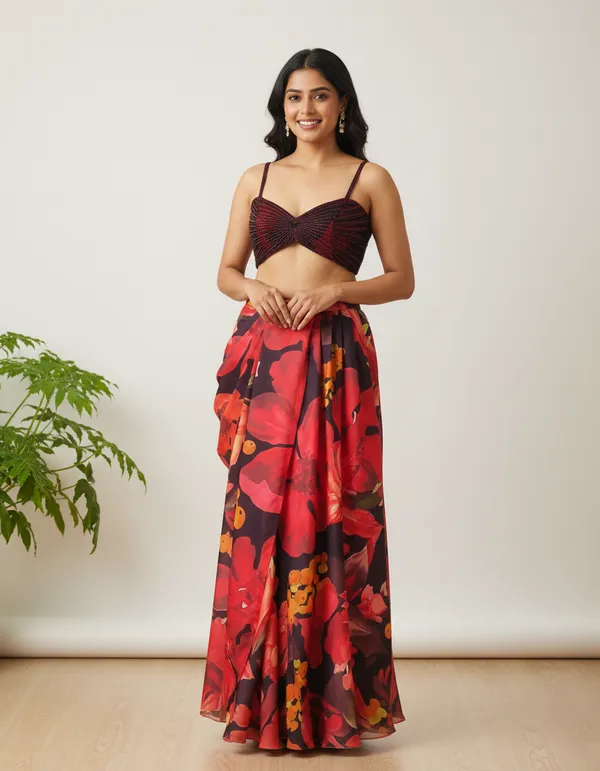 Maroon_Modal_Satin_Flared_Skirt_For_Women