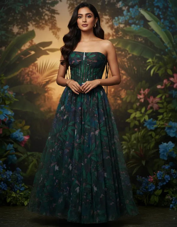 Teal_Net_Strapless_Gown_For_Women