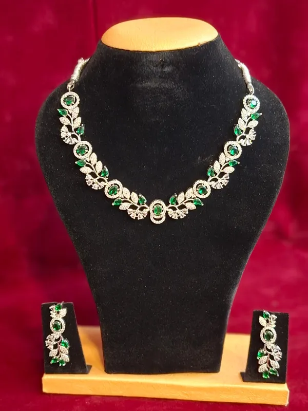Green_And_White_Metal_American_Diamond_Floral_Necklace_Set_For_Women