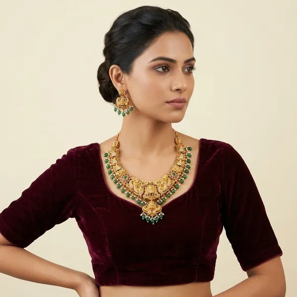 Gold_And_Green_Metal_Kundan_Temple_Necklace_Set_For_Women