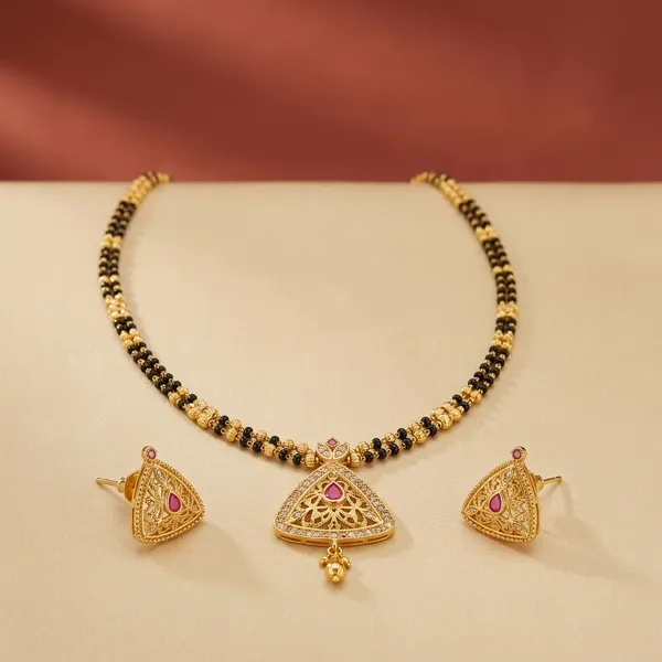 Gold_Metal_Triangular_Cutwork_Pendant_Necklace_Set_For_Women