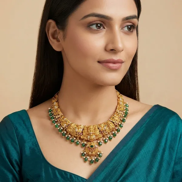 Gold_And_Green_Metal_Temple_Jewellery_Necklace_Set_For_Women