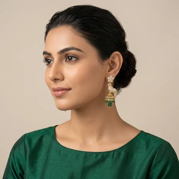 Gold_And_Green_Metal_Peacock_Jhumka_Earrings_For_Women