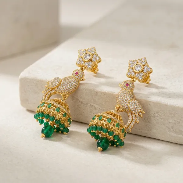 Gold_And_Green_Metal_Peacock_Jhumka_Earrings_For_Women