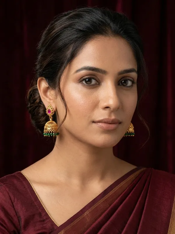Classic_Gold_Jhumka_Earrings_featuring_a_Ruby_Stud_and_Green_Hanging_Beads
