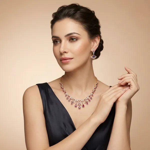 Rose_Gold_And_Pink_Metal_Floral_Necklace_Set_With_Earrings_For_Women